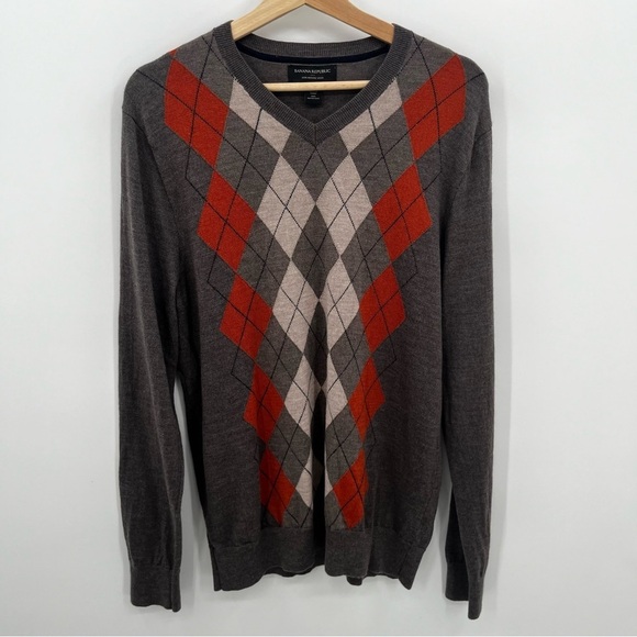 Banana Republic Factory L 100% Merino Wool Argyle V Neck Sweater Y2K - Picture 1 of 9